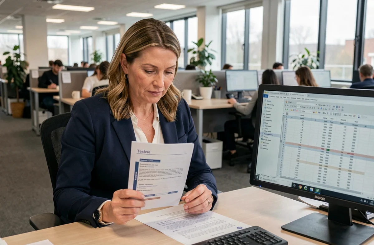 Employée consultant les avantages et services proposés par le CSE dans un bureau en open space