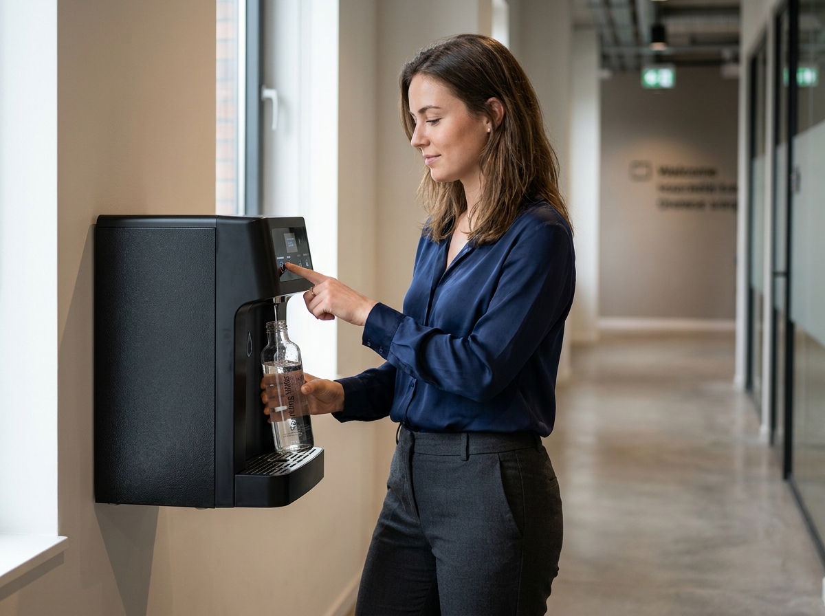 Une employée remplissant sa gourde à un distributeur d'eau gazeuse dans un couloir de bureau