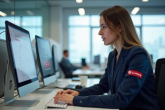 Employée La Poste en uniforme naviguant sur le portail RH extranet sur un ordinateur de bureau dans un open-space professionnel