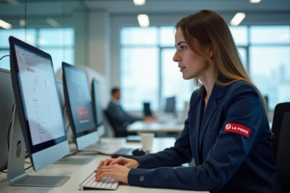Employée La Poste en uniforme naviguant sur le portail RH extranet sur un ordinateur de bureau dans un open-space professionnel