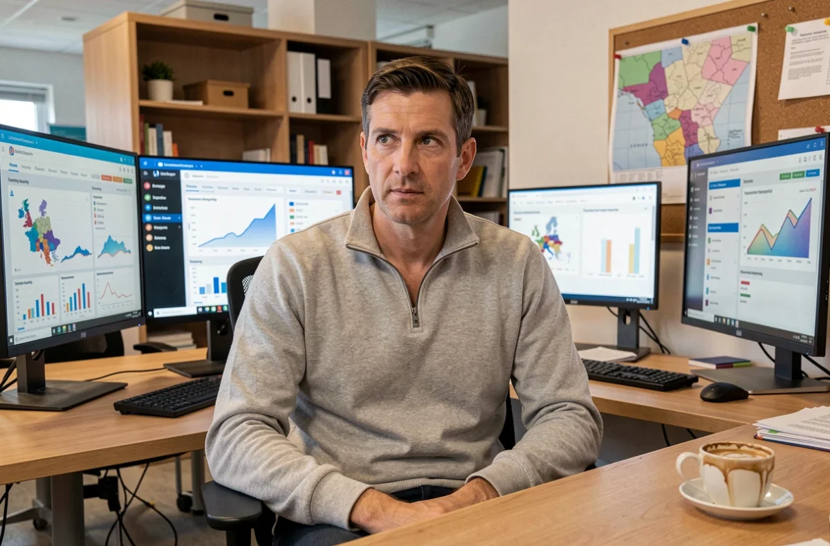 Entrepreneur analysant des opportunités d'implantation territoriale sur des écrans de données en bureau