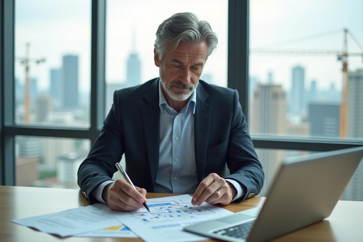 Chef d'entreprise du secteur BTP analysant sa stratégie de réseau commercial avec documents et tablette dans un bureau avec vue sur chantiers urbains