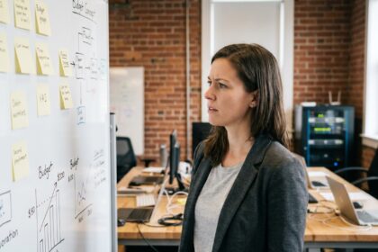 Jeune entrepreneuse analysant le budget d'équipement de ses locaux de startup sur un tableau blanc couvert de notes