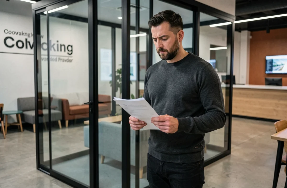 Entrepreneur masculin consultant des documents devant un bureau privé en verre dans un espace de coworking professionnel