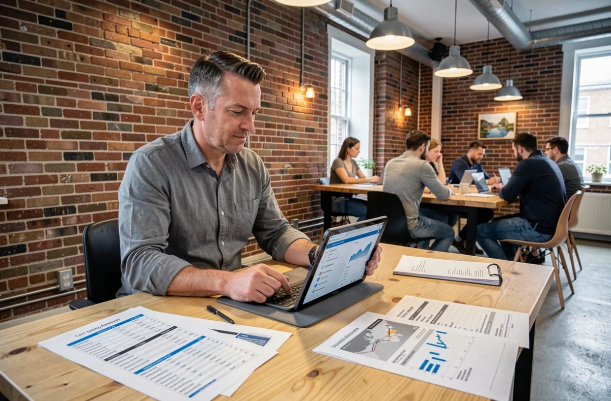 Entrepreneur consultant une plateforme de financement territorial dans un espace de coworking