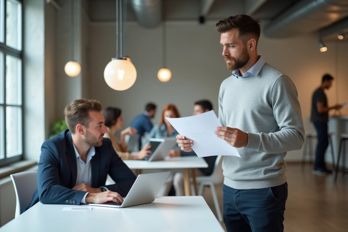 Jeune entrepreneur masculin discutant d'un plan d'affaires dans un espace de coworking moderne