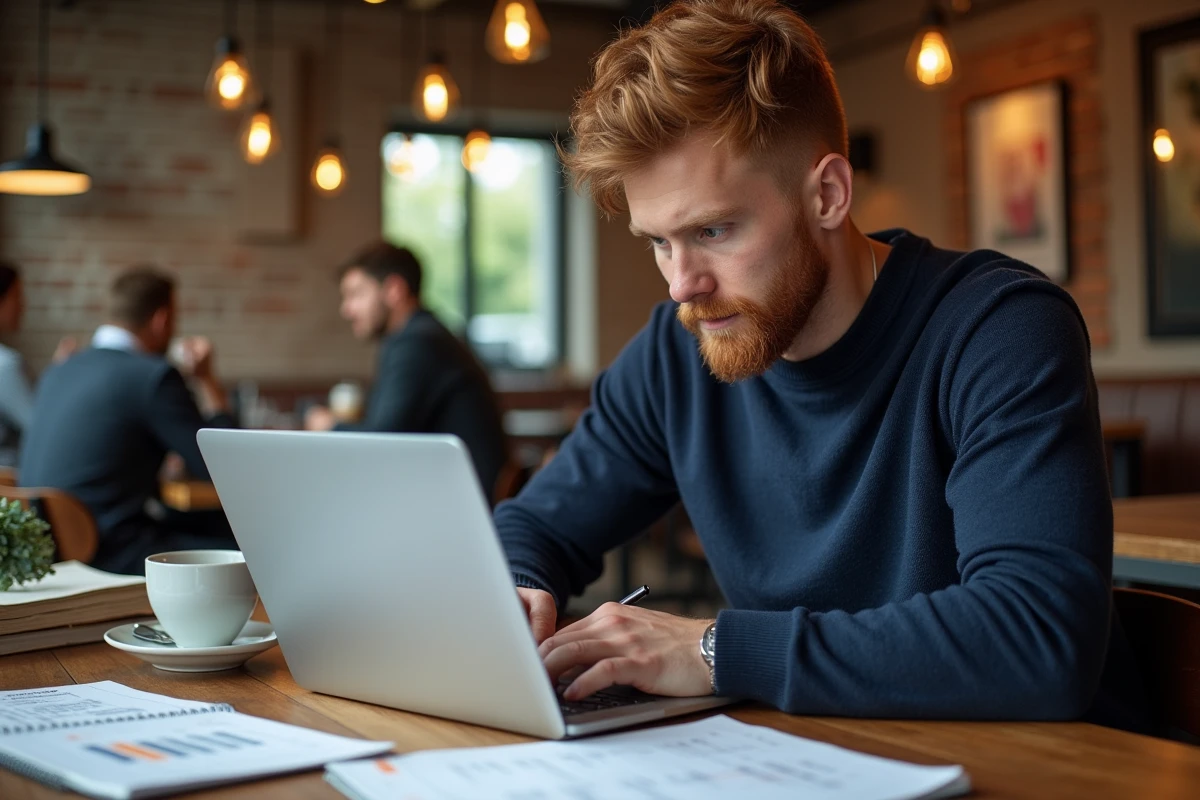Entrepreneur indépendant travaillant sur une stratégie de paiement par clic dans un café avec notes manuscrites et laptop