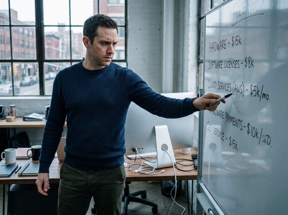 Entrepreneur startup détaillant les postes de dépenses informatiques sur un tableau blanc dans son bureau