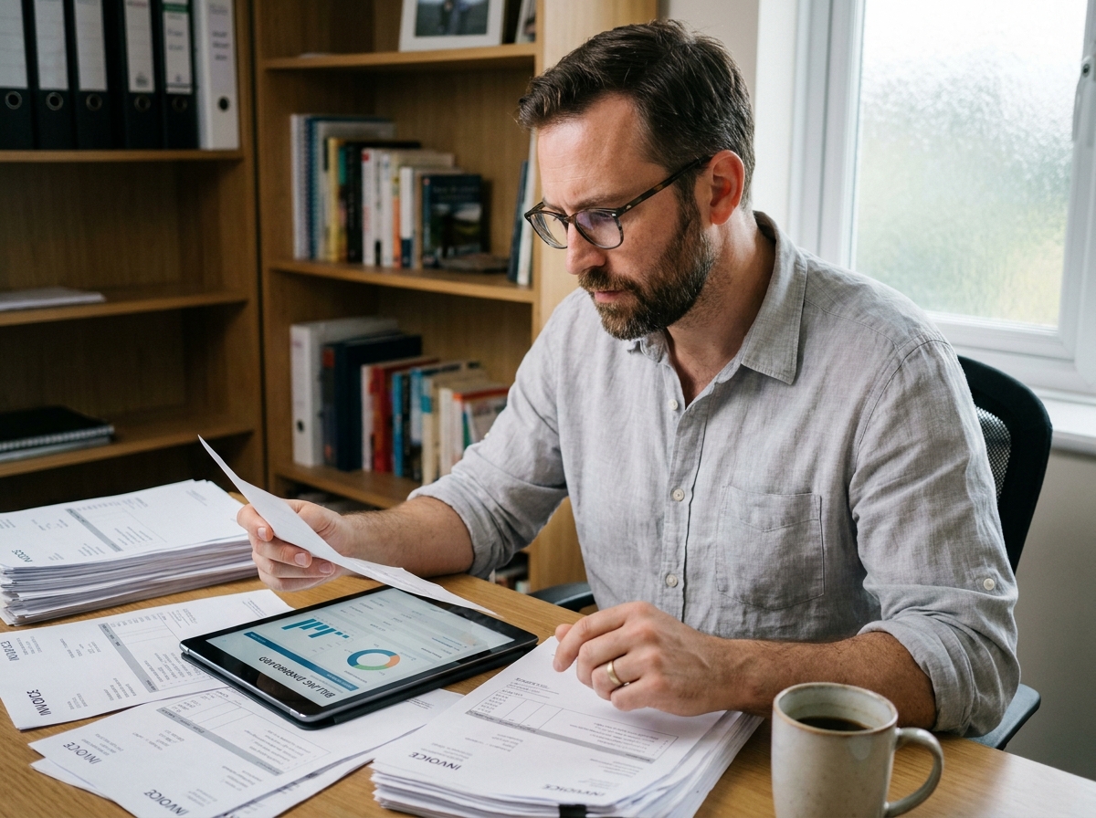 Entrepreneur en télétravail comparant des factures papier et numériques sur une tablette