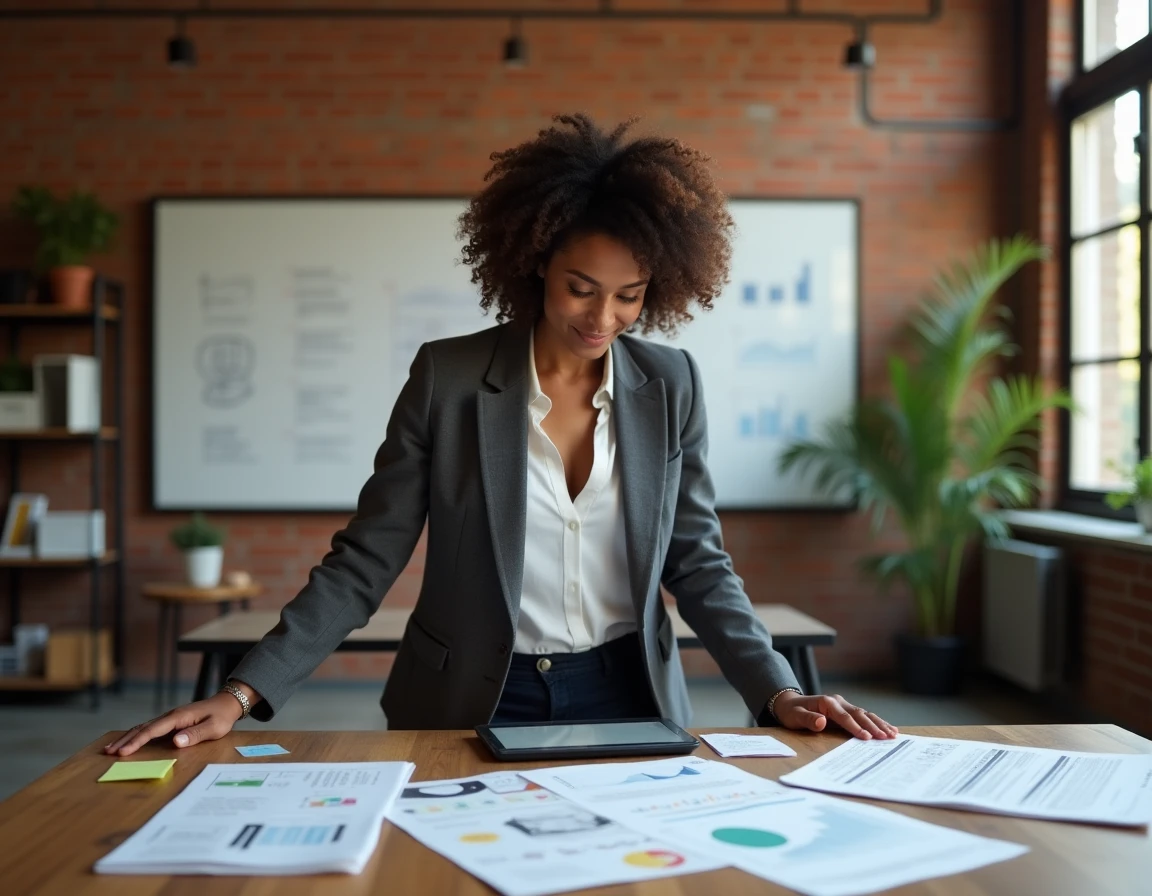 Entrepreneuse analysant des rapports de baromètre économique et des tableaux de bord de tendances dans un espace de coworking au style industriel