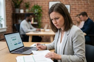 Jeune entrepreneuse analysant son budget informatique sur un bureau en bois dans un espace de coworking