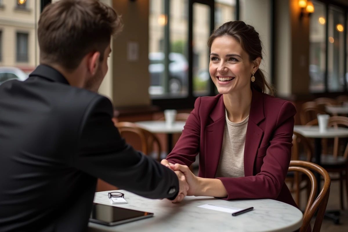 Entrepreneuse concluant un contrat avec son premier client dans un café parisien
