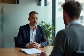 Responsable RH menant un entretien de prévention alcool avec un employé dans un bureau moderne