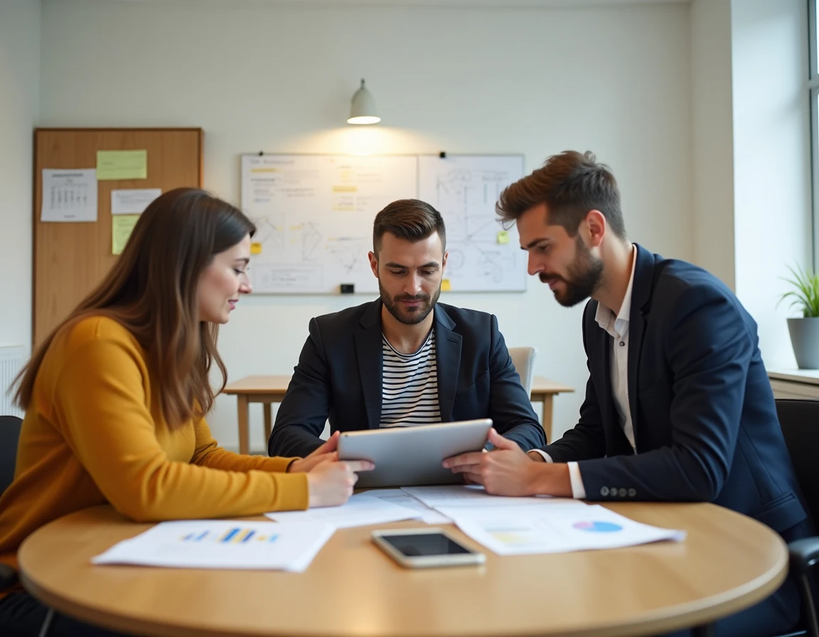 Équipe de professionnels collaborant autour d'une plateforme numérique Nexterprise lors d'une réunion stratégique en salle de réunion moderne