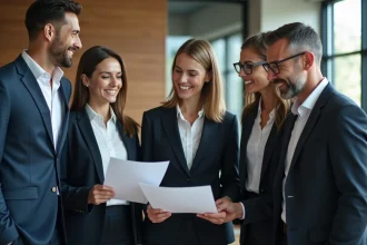 Groupe de collègues divers en réunion dans un bureau moderne