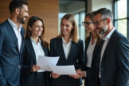 Groupe de collègues divers en réunion dans un bureau moderne