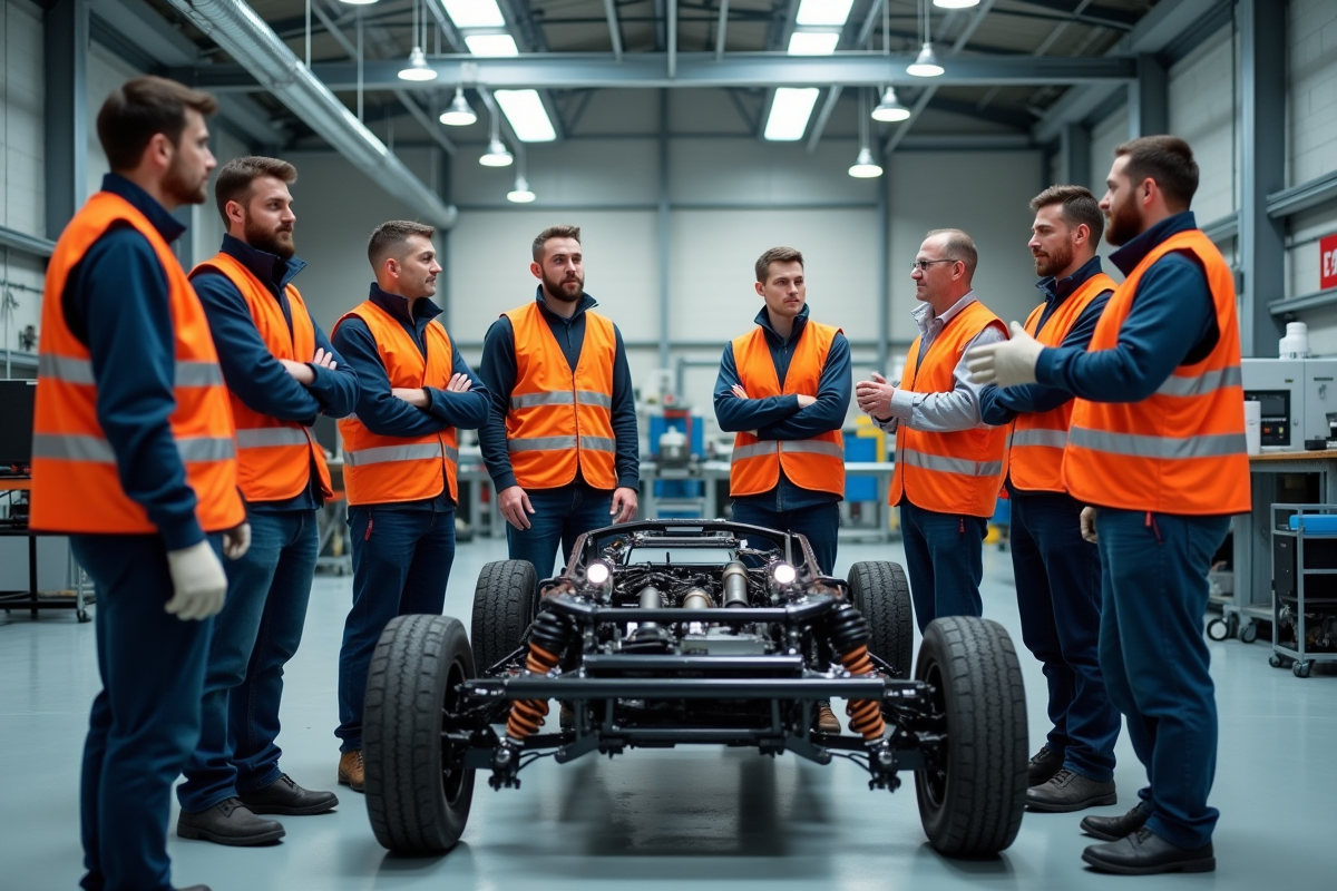 Groupe d'ingénieurs en discussion près d'une voiture électrique