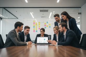 Groupe de professionnels IT en réunion autour d'un ordinateur
