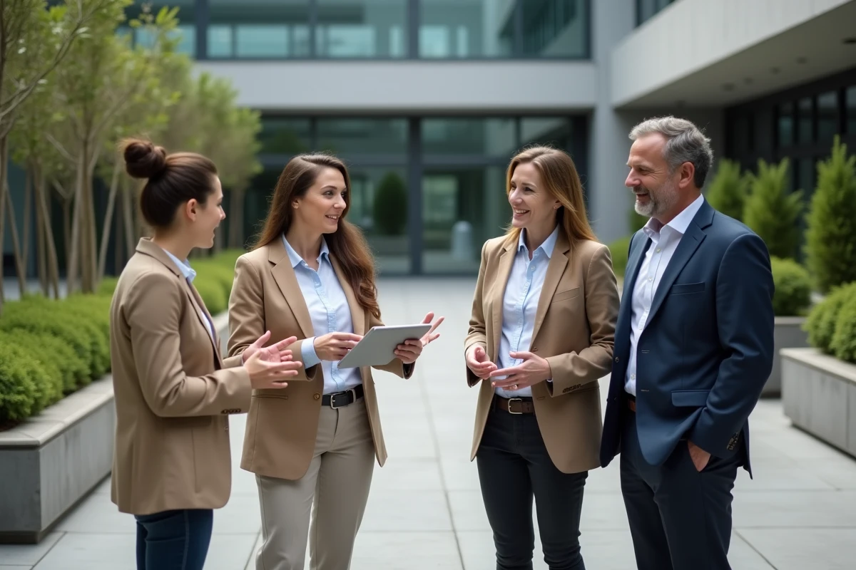 Une équipe de professionnels diversifiés discute d'une stratégie de leadership autour du modèle Why What How sur une terrasse d'entreprise