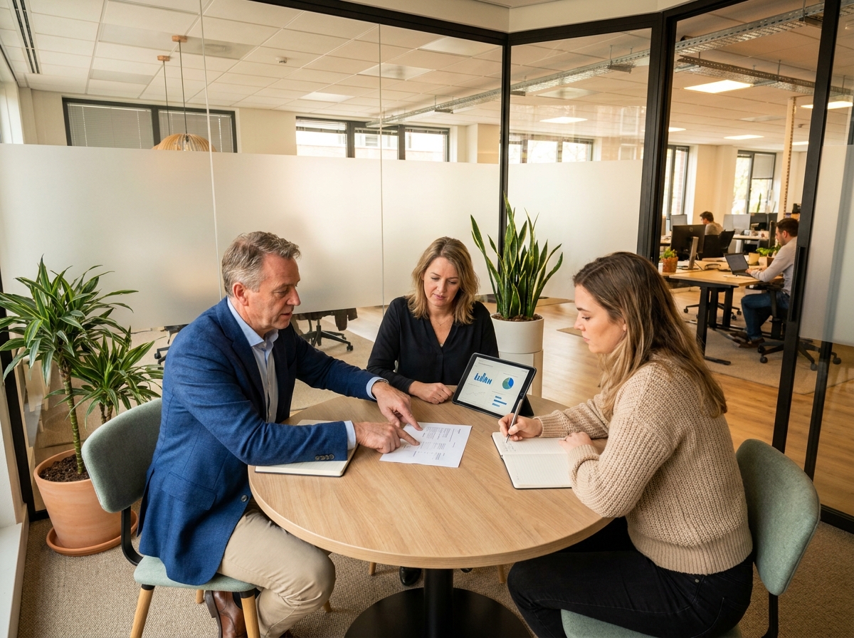 Équipe de professionnels en réunion d'entreprise discutant et annotant un procès-verbal délégué autour d'une table ronde