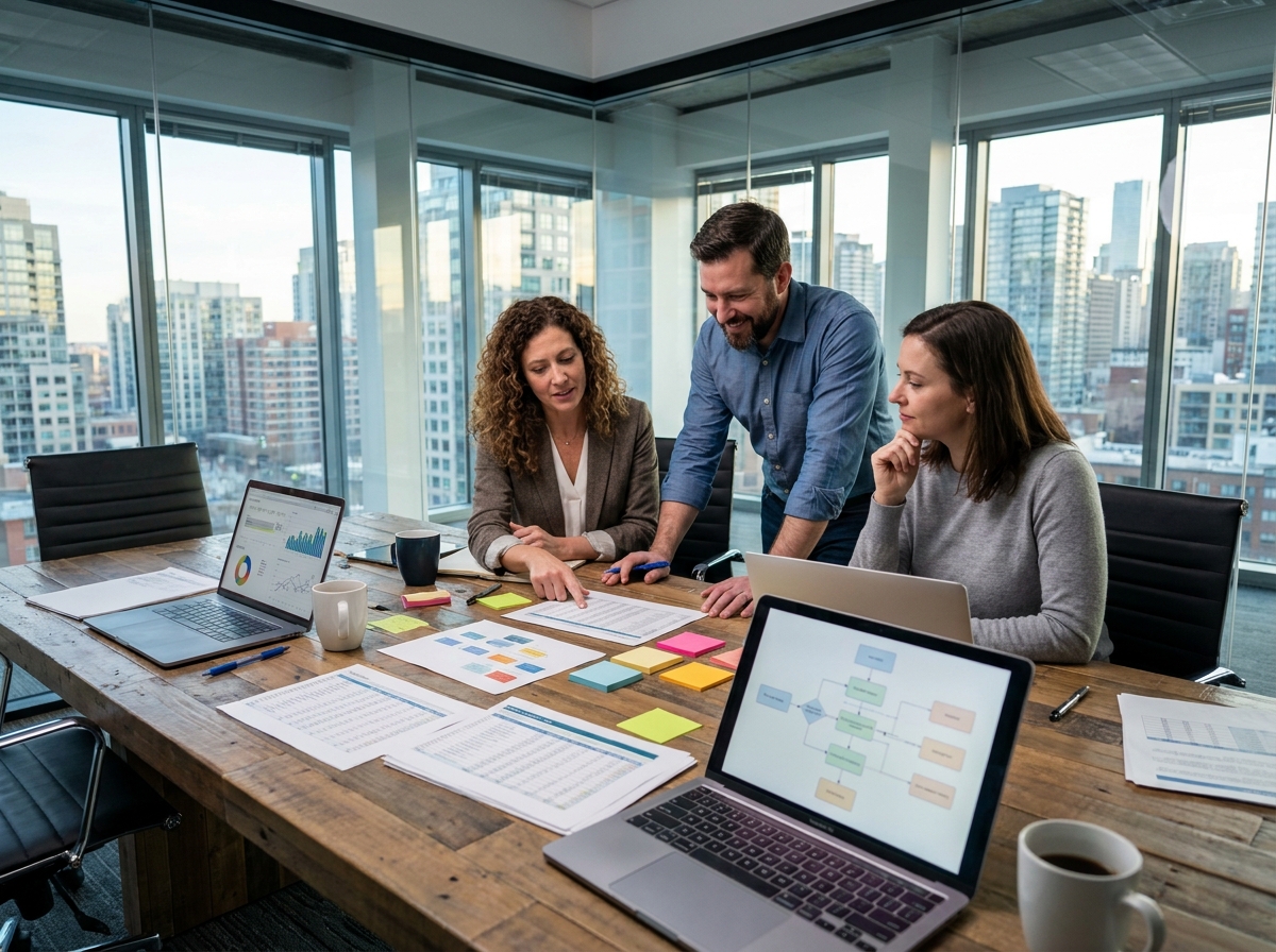 Équipe professionnelle discutant de la centralisation des données d'entreprise autour d'une table de réunion avec ordinateurs et feuilles de calcul