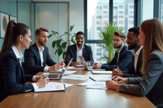 Groupe de professionnels en réunion stratégie marketing