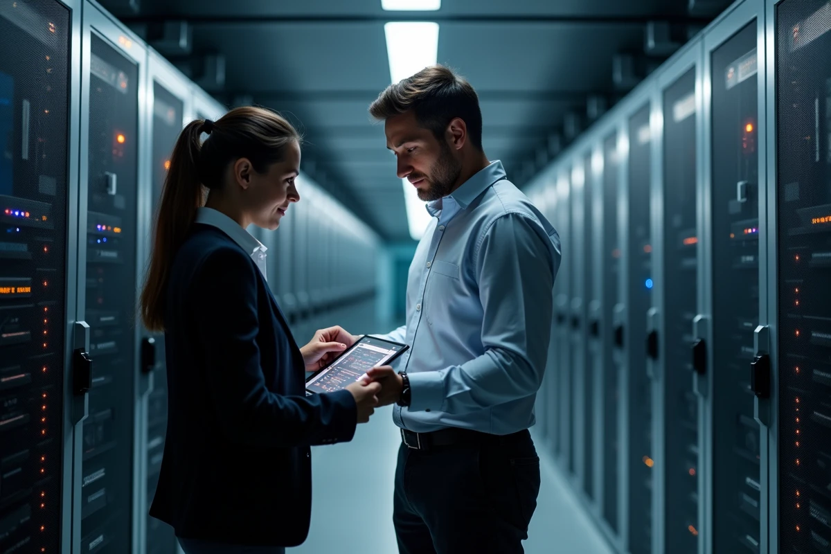 Deux professionnels consultant un tableau de bord de sécurité des données dans une salle serveur pour protéger un portail métier sensible