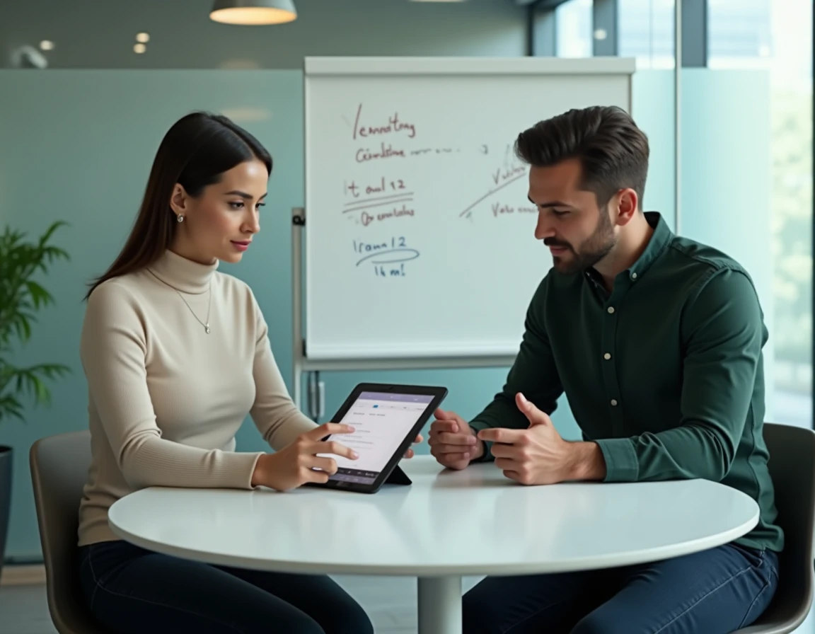 Deux collègues discutent ensemble d'une stratégie de sélection de formule pour un outil IA marketing autour d'une tablette