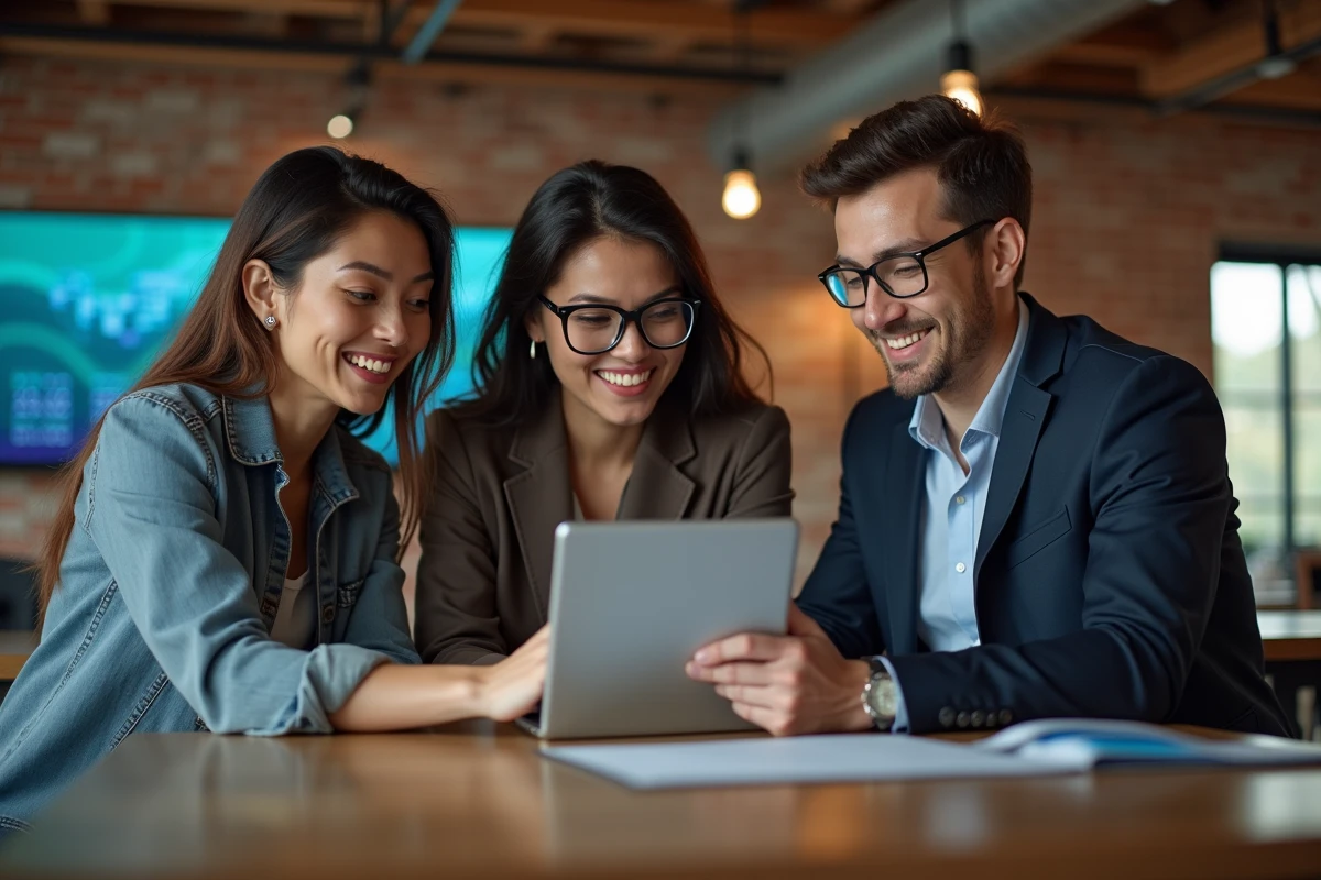 Groupe de professionnels en coworking discutant avec tablette