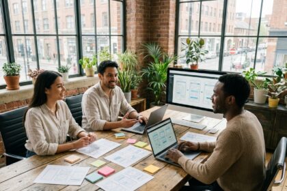 Équipe web professionnelle réunie autour d'une table de réunion avec des maquettes de sites internet et des ordinateurs portables dans une agence moderne