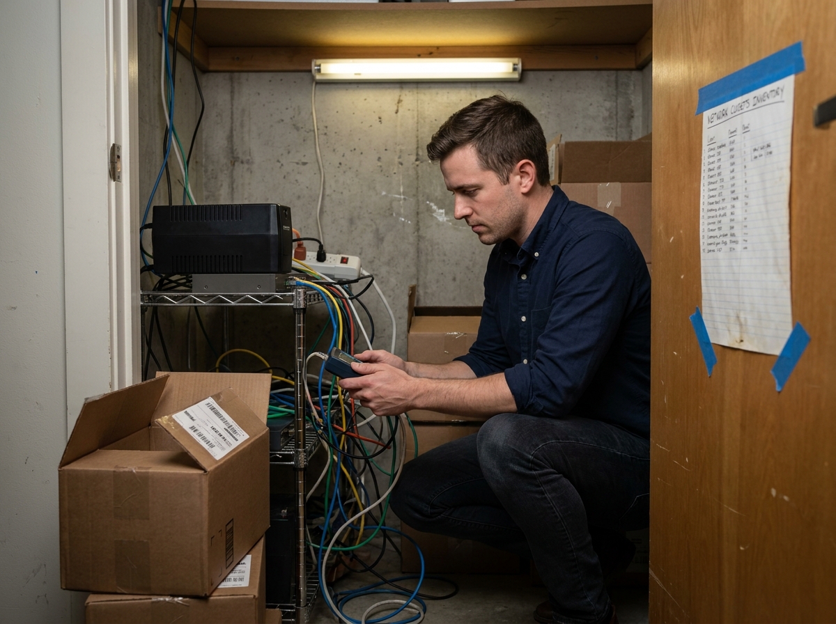 Fondateur de startup inspectant les équipements réseau et câbles oubliés dans le placard technique de ses nouveaux locaux