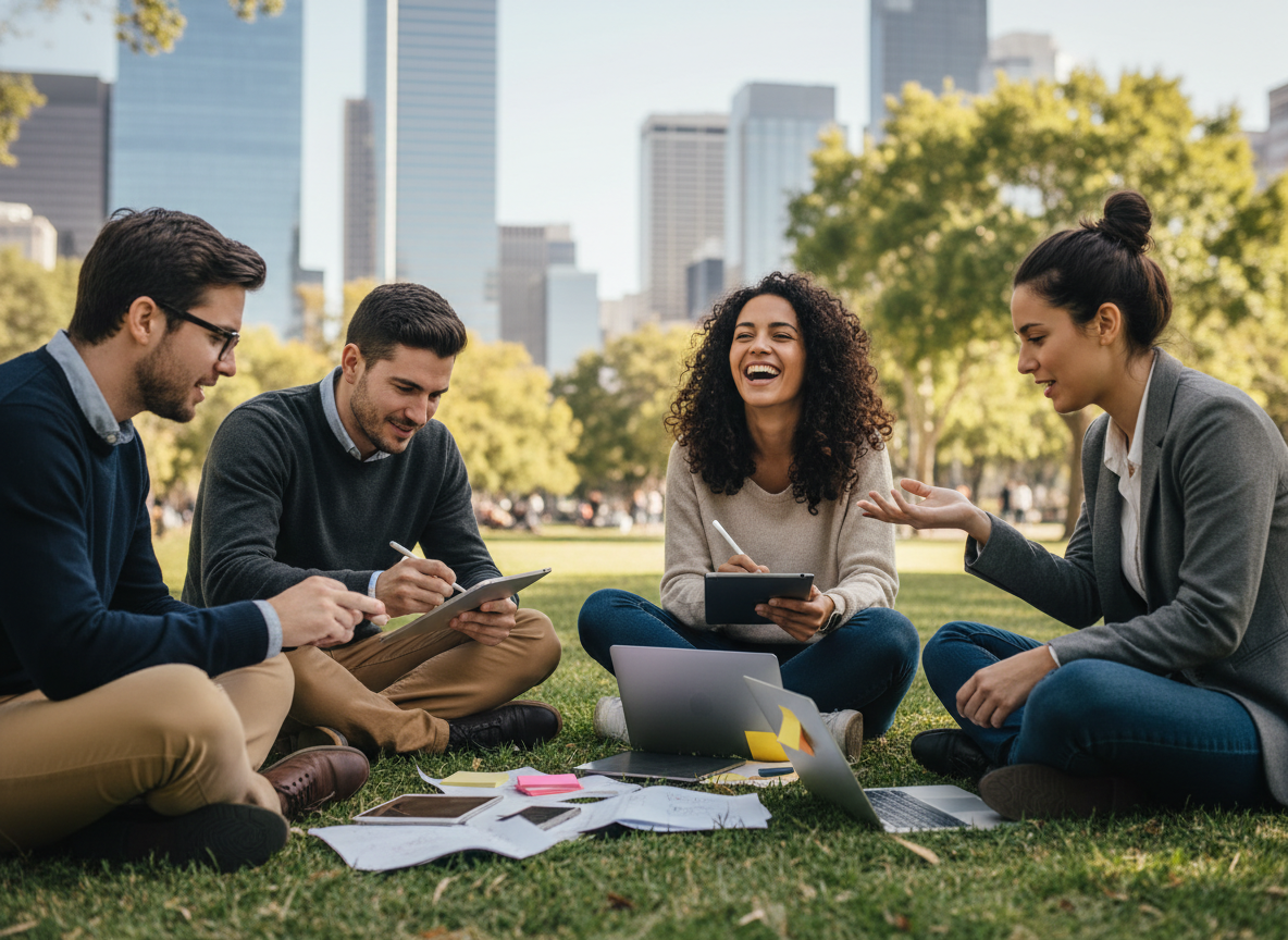 Jeunes professionnels collaborant en extérieur dans un parc urbain