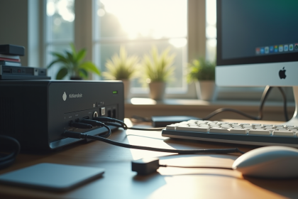 Espace de travail organisé avec appareils électroniques protégés