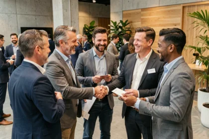 Groupe de professionnels en train d'échanger des cartes de visite lors d'un événement de networking B2B dans un espace moderne