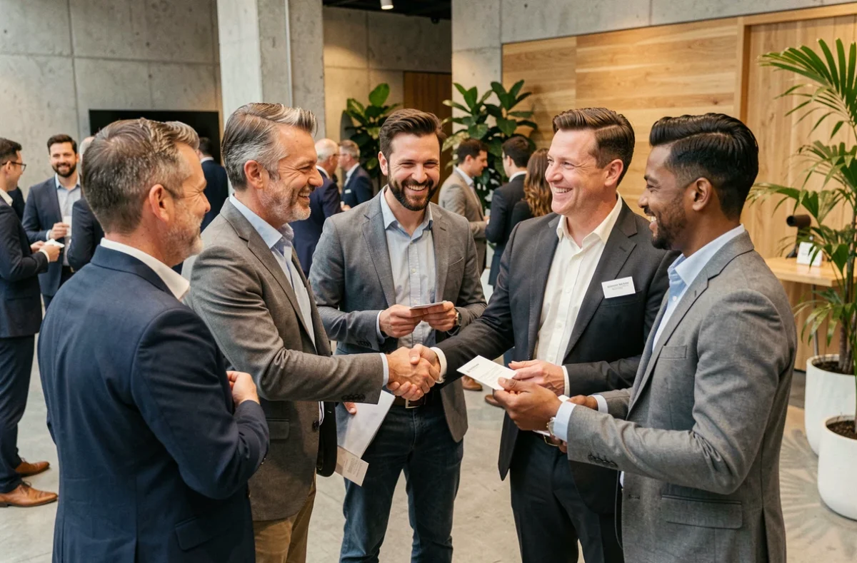 Groupe de professionnels en train d'échanger des cartes de visite lors d'un événement de networking B2B dans un espace moderne