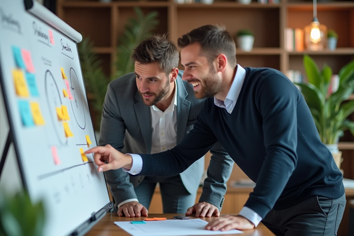 Deux hommes discutent devant un tableau blanc avec diagrammes et notes