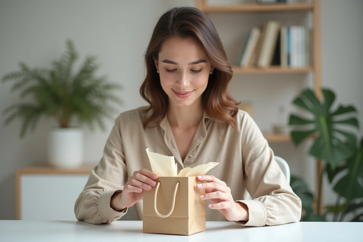 Femme ouvrant un sac papier personnalisé lors d'une expérience d'unboxing pour une boutique en ligne depuis son bureau à domicile