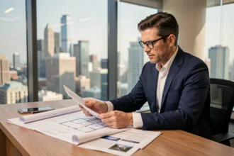 Expert immobilier masculin en costume marine analysant des documents d'expertise et des plans architecturaux sur un bureau moderne