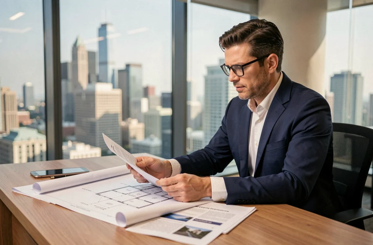 Expert immobilier masculin en costume marine analysant des documents d'expertise et des plans architecturaux sur un bureau moderne