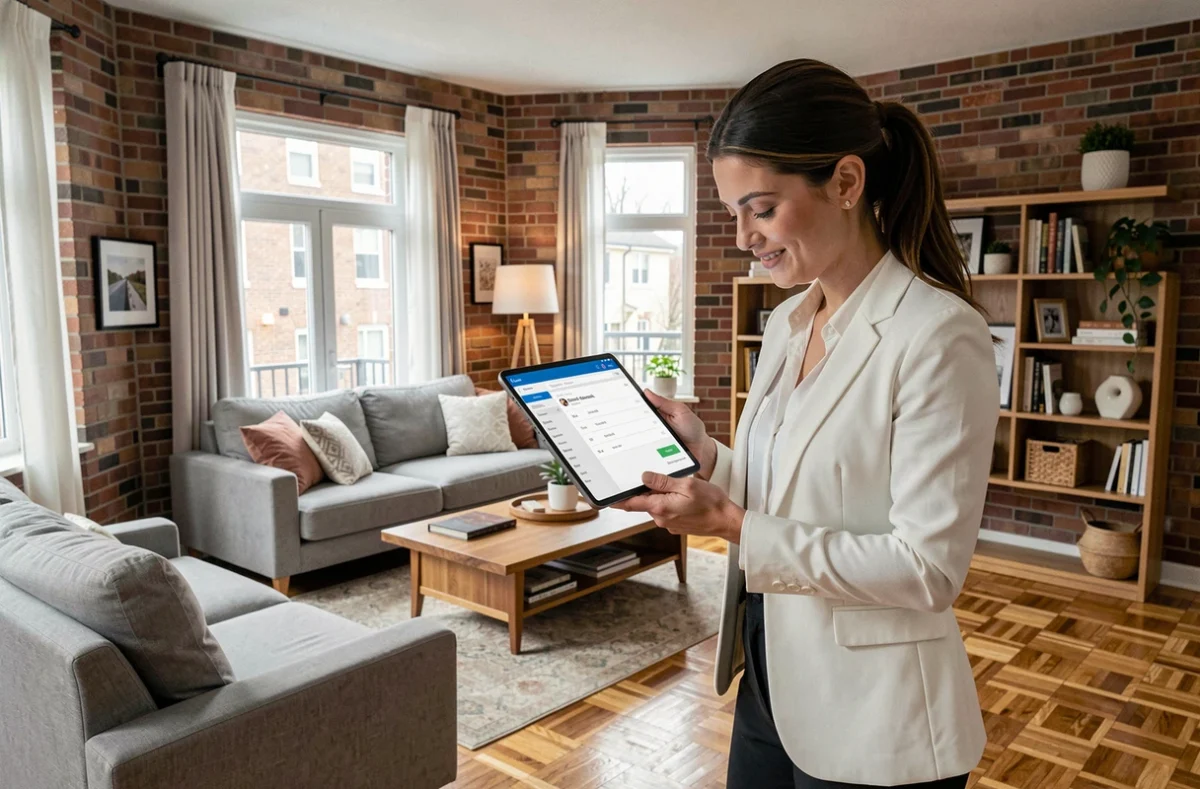 Experte immobilière utilisant une tablette numérique pour effectuer une déclaration d'expertise dans un appartement résidentiel moderne