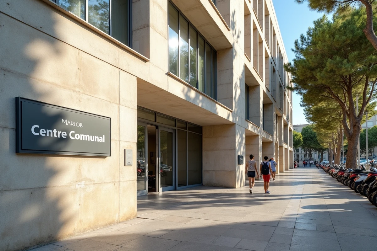 Façade extérieure d'un centre administratif CCCP13 à Marseille avec entrée vitrée et environnement urbain méditerranéen