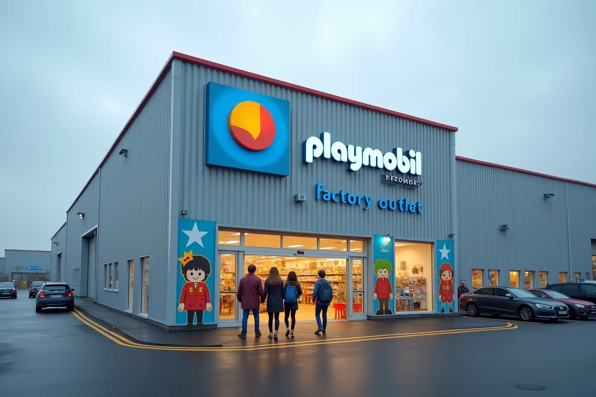 Façade extérieure d'un magasin d'usine Playmobil en zone industrielle avec famille entrant dans le bâtiment