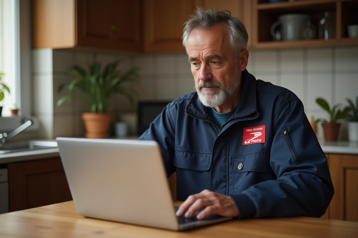 Facteur La Poste utilisant un ordinateur portable à domicile pour se connecter au portail extranet ma box rh