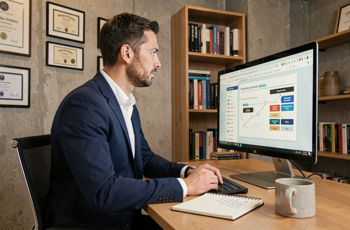 Consultant de FDV Conseil analysant une stratégie digitale sur ordinateur dans un bureau professionnel