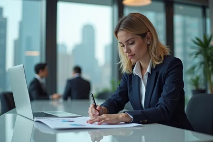 Femme d affaires analysant un graphique dans un bureau moderne