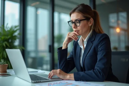 Femme d affaires en costume analysant des graphiques de prix