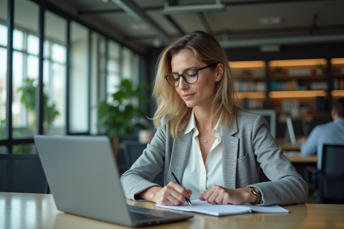 Femme d'affaires analysant des données sur son ordinateur