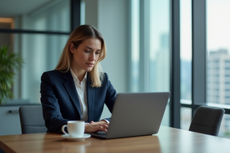 Femme d'affaires en costume navy dans un bureau moderne