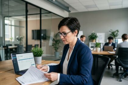 Femme d'affaires consultant des factures électroniques sur un ordinateur portable dans un bureau moderne