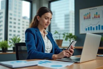 Femme d'affaires analysant des graphiques marketing au bureau